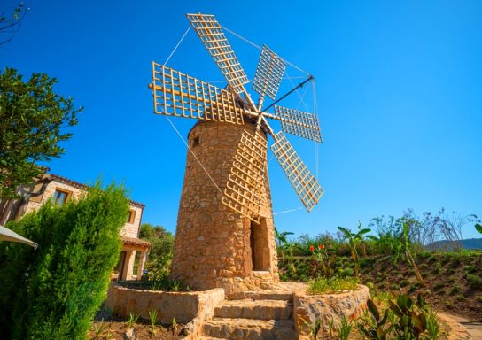 Historische Windmühle aus Stein, umgeben von grünen Pflanzen und klarem blauen Himmel.