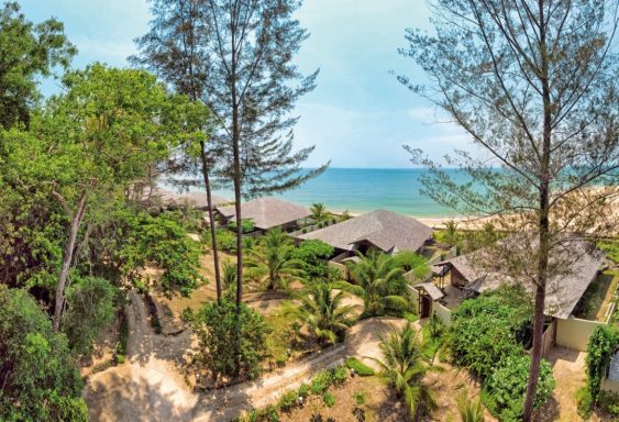 Strandansicht mit Hütten, umgeben von Bäumen und Pflanzen, unter blauem Himmel.