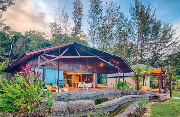 Moderne Holzhütte inmitten von Bäumen mit Aussicht auf einen Garten und Wasserbecken.