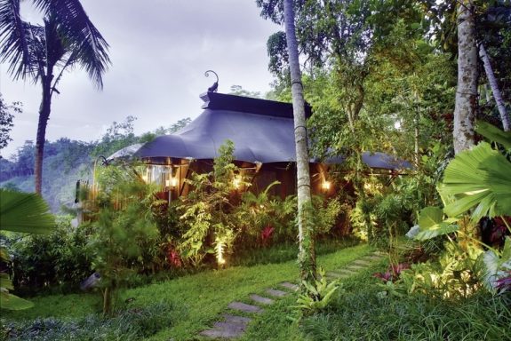 Waldhaus mit grünem Umfeld, beleuchtet von warmen Lichtern, umgeben von tropischer Vegetation.