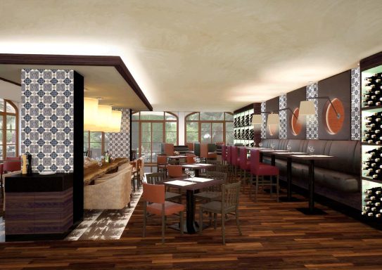 Modern Restaurant mit stilvollem Interieur, Holzfußboden und großen Fenstern.