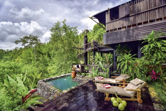 Luxuriöse Unterkunft mit Pool inmitten üppiger tropischer Vegetation.